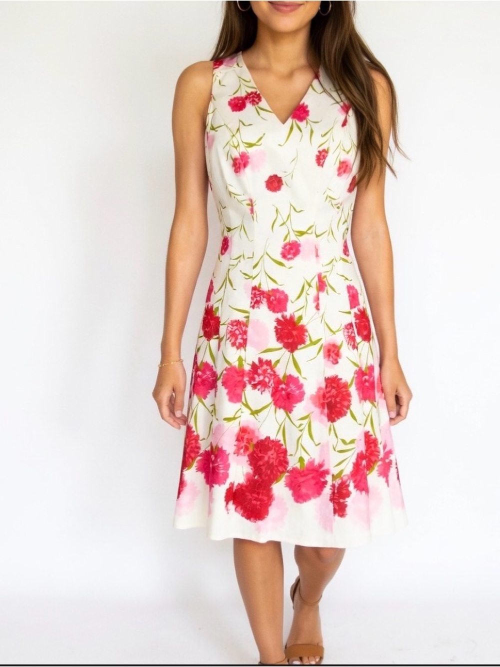 Maggy London White Pink Floral Fit Flare Dress Pockets Size 2 NWT